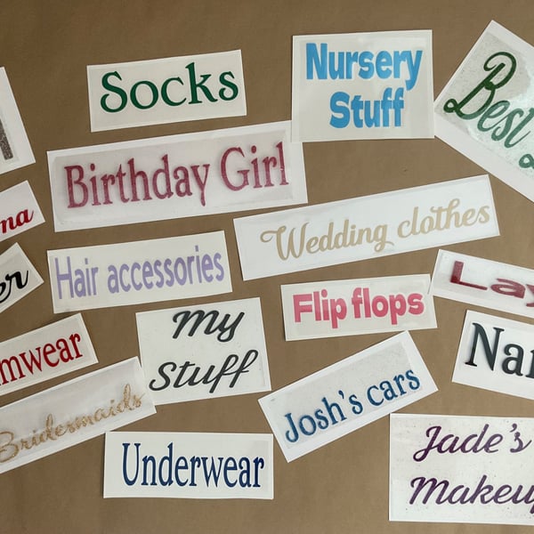 Personalised Iron On, Custom, Heat Transfer vinyl decal stickers, any word, name