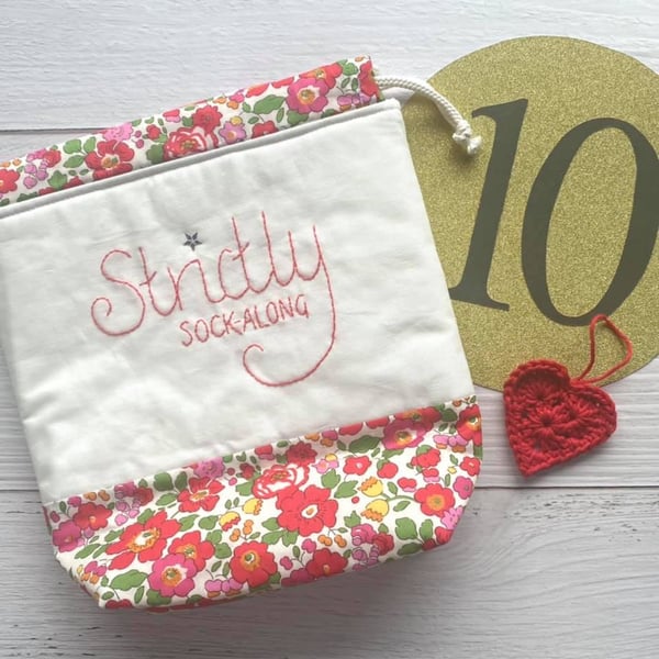 'Strictly Sock-Along' Project Bag with Hand Embroidery - Red