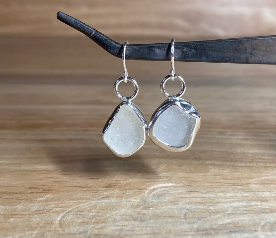 Handmade Sterling & Fine Silver Dangle Earrings with Beige Grey Welsh Sea-Glass