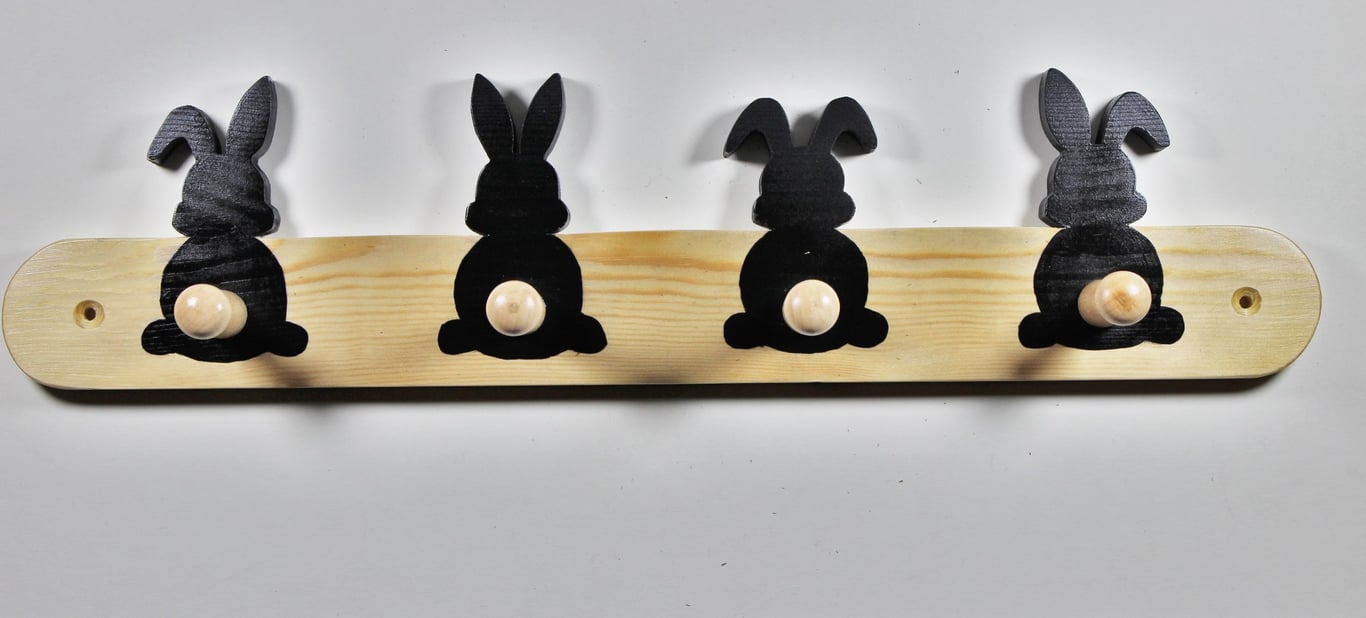 Wooden Rabbit Wall-Mounted Pine Coat Rack – with 4 Rabbit Tail Hooks