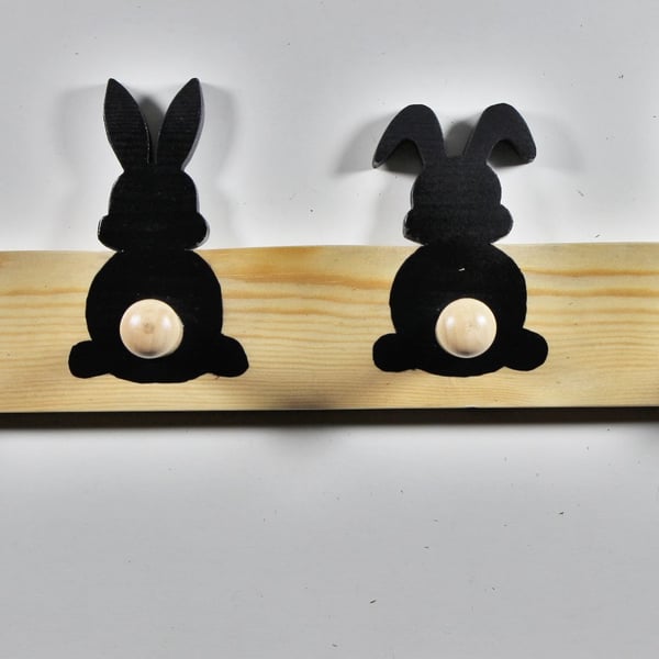 Wooden Rabbit Wall-Mounted Pine Coat Rack – with 4 Rabbit Tail Hooks