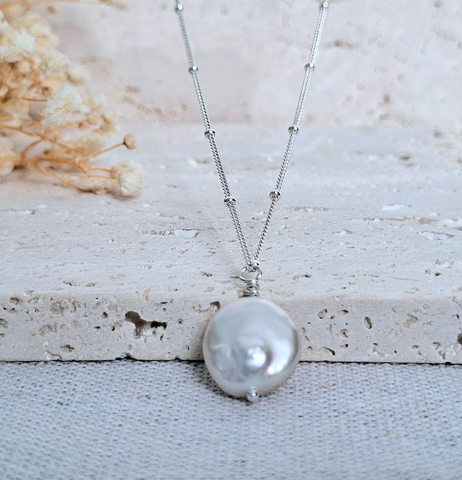 Natural Pearl Necklace, Sterling Silver Satellite Chain, Coin Pearl Pendant