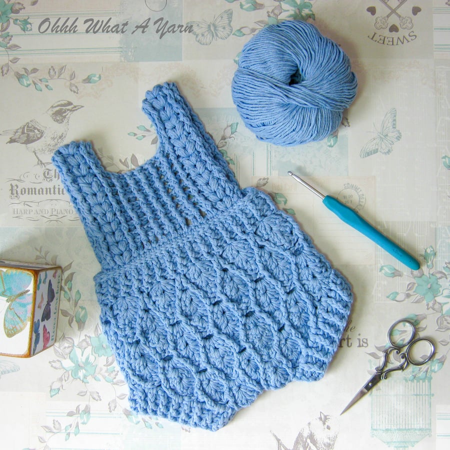 Blue cotton baby romper. Crochet romper. Baby romper. 0-3 months