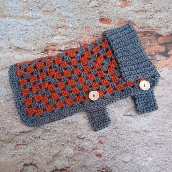 Crochet jacket for small dog, granny square pet coat grey and copper colours