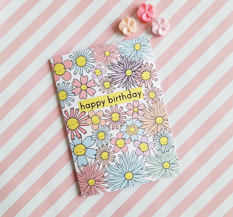 retro pastel flowers A6 birthday greetings card, cute birthday card