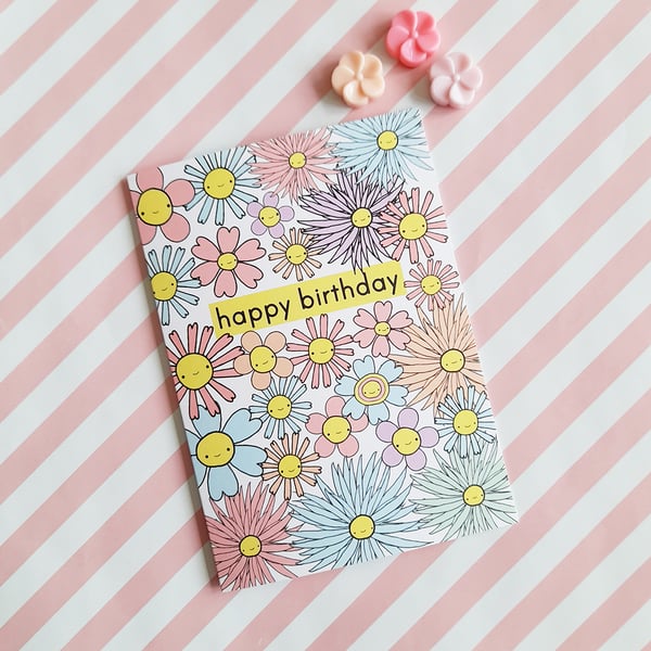 retro pastel flowers A6 birthday greetings card - cute floral birthday card