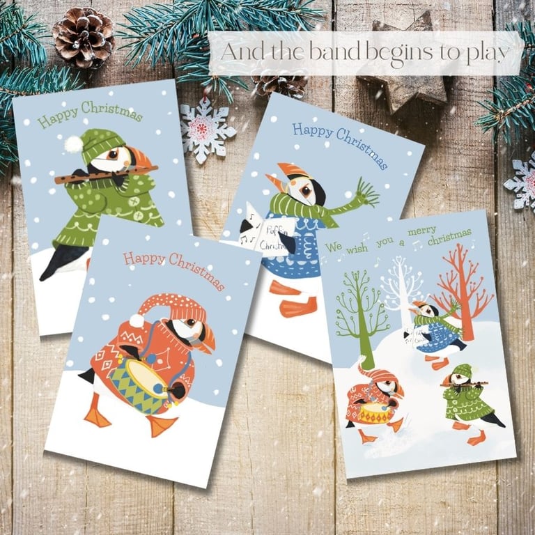 Christmas card pack blank cards puffin  - christmas band