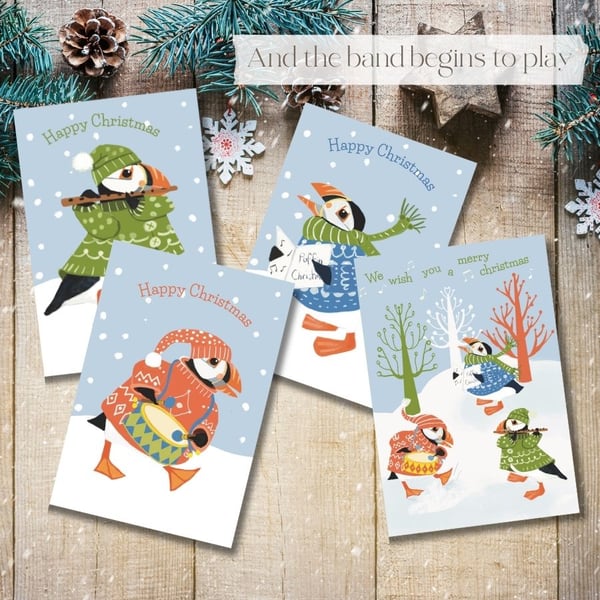 Christmas card pack blank cards puffin  - christmas band