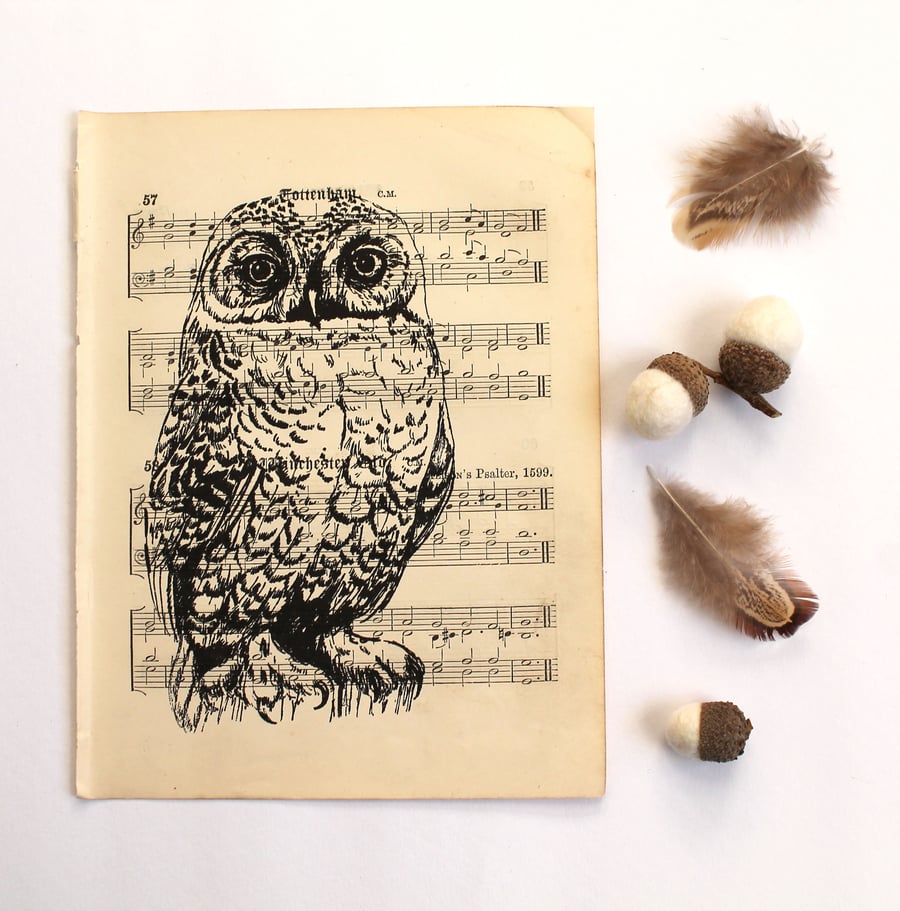 Snowy Owl Gocco Print on Vintage Sheet Music, Hand Printed Bird Print