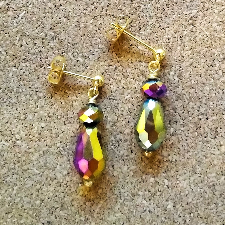 Metallic Purple Gold Faceted Crystal And Gold Plated Drop Stud Earrings
