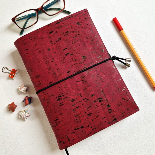 Cork Planner or Journal, Deep Red, Vegan, Eco-friendly and Refillable, A5