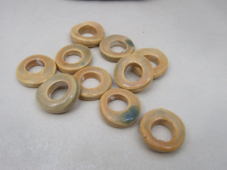 10 Medium Old Gold Glazed Ceramic Donut Beads