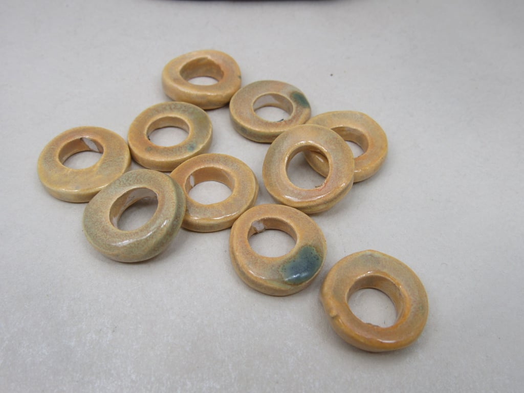 10 Medium Old Gold Glazed Ceramic Donut Beads