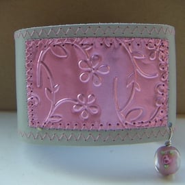 Victoriana sewn metal and leather wristlet - pink on stone