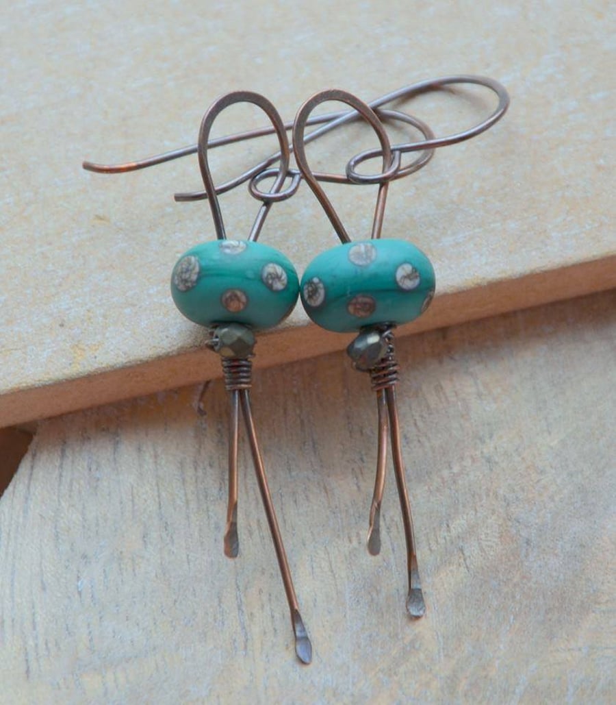 Teal Polka Dot Lampwork Glass and Czech Bead Copper Earrings
