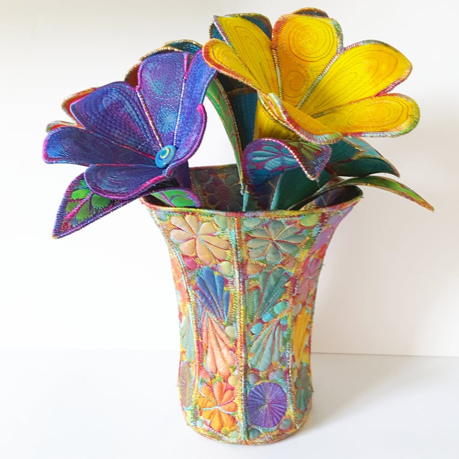 Textile Vase Free Machine Embroidery Bright Botanical Theme