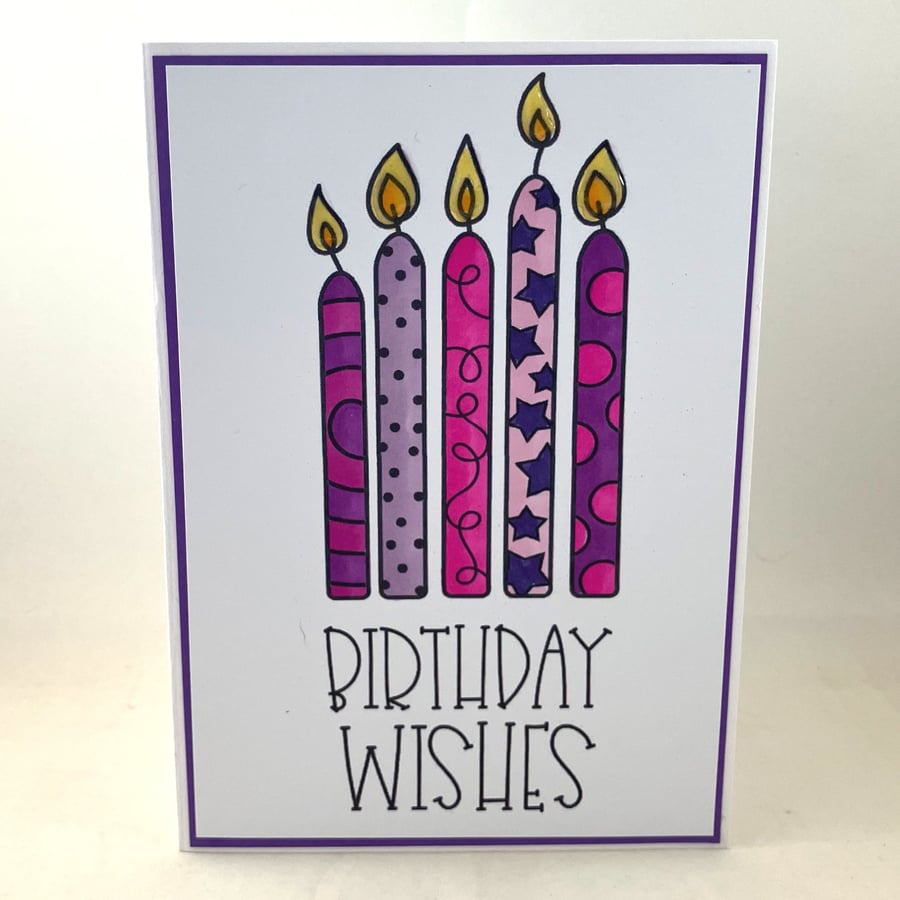 Pink and purple candles birthday card