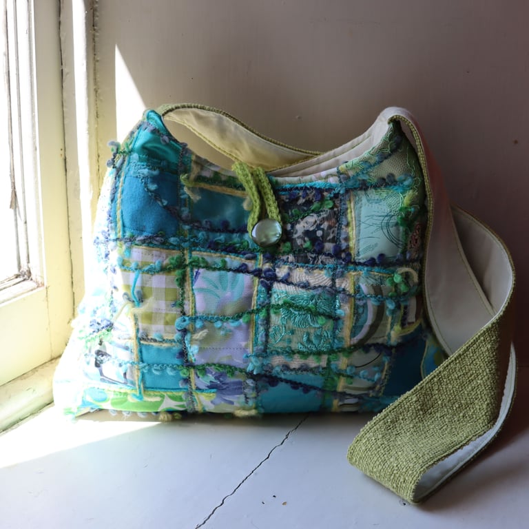 Bright shoulder bag in bright green and turquoise fabrics