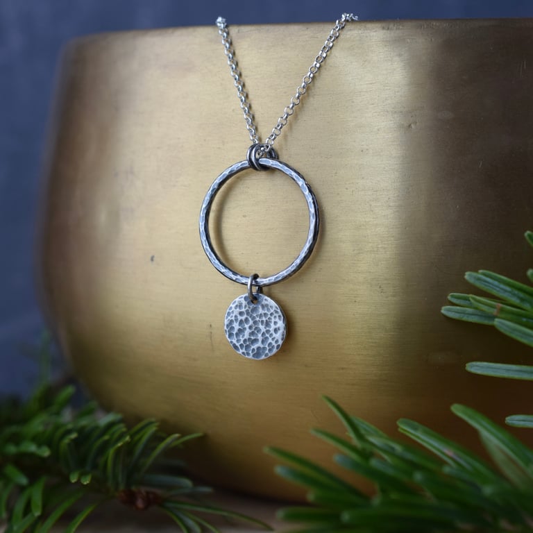 Silver Circle Necklace, Rustic Hammered Oxidised Silver Pendant