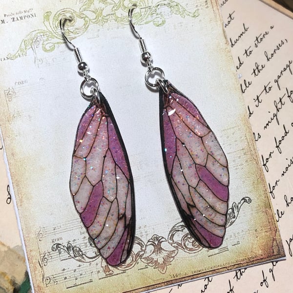 Sparkling Pale Pink Fairy Wing Sterling Silver Earrings