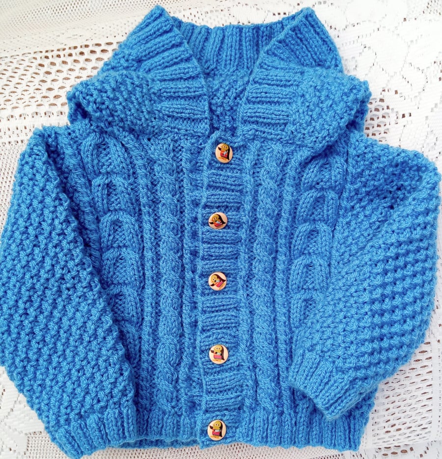 Hand Knitted Cable and Moss Stitch Hooded Aran Weight Jacket, Birthday Gift