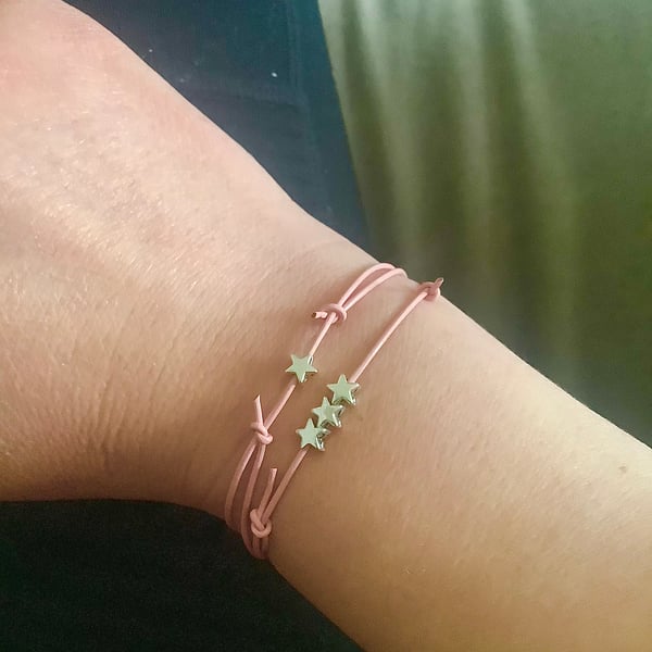 Pink Leather with Tiny Silver Stars Stacking Bracelets