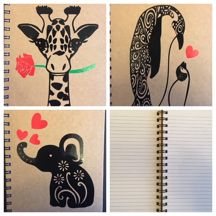 Personalised Right or Left Handed Notebook - Giraffe, Penguins or Elephant