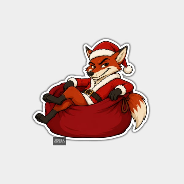 Unique Funny Christmas Sticker Xmas Decal - Grumpy Fox In Santa Hat