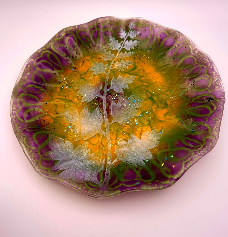 Unique Handmade Fused Glass Textured Fossil Fern Bowl