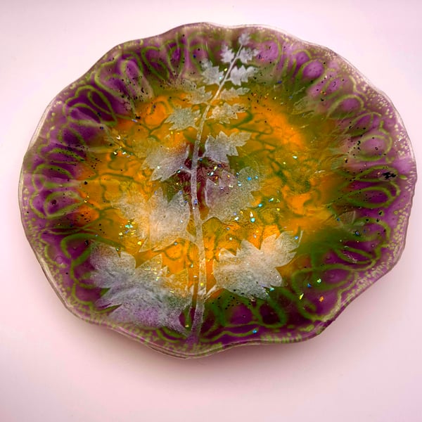 Unique Handmade Fused Glass Textured Fossil Fern Bowl