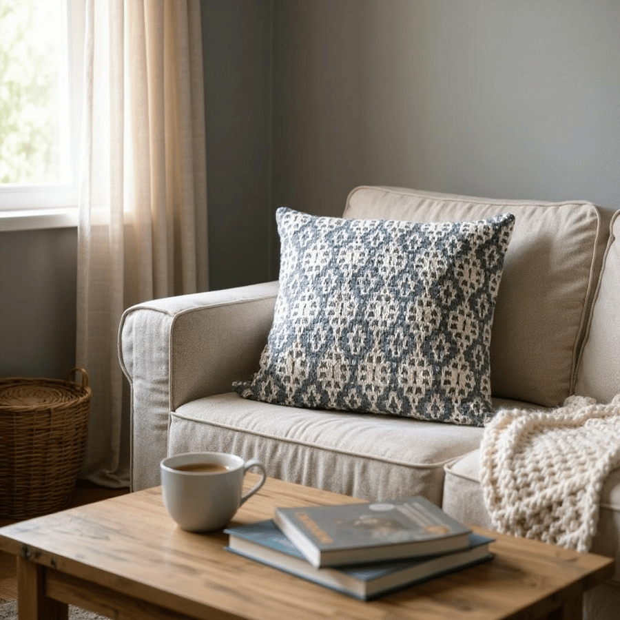 Blue and natural cushion cover  alpaca & acrylic knit