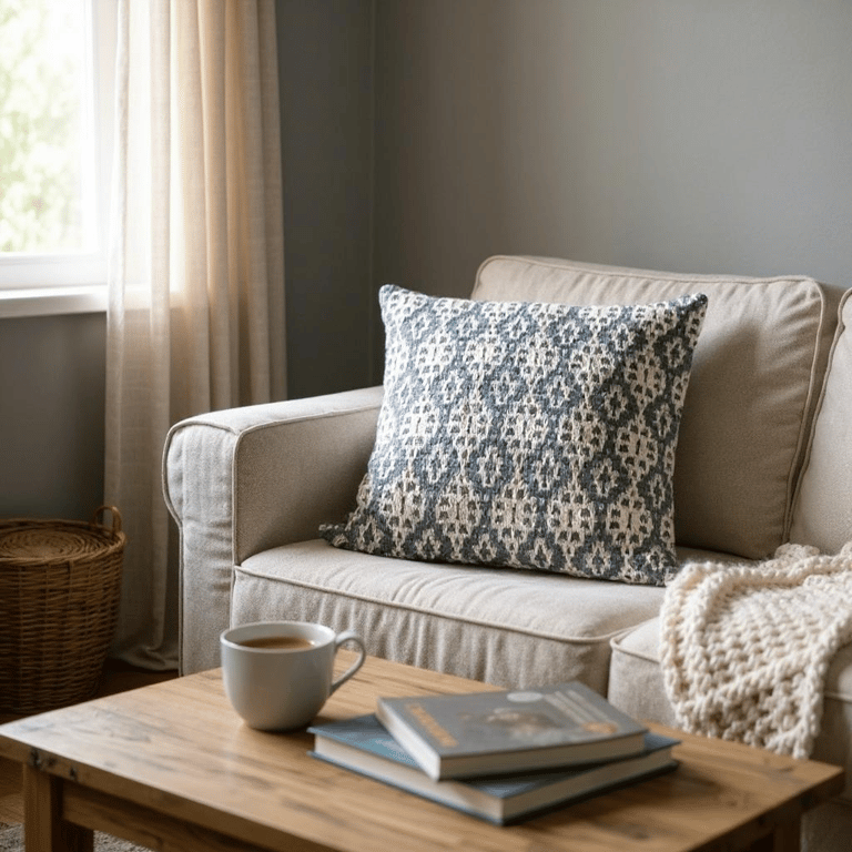 Blue and natural cushion cover  alpaca & acrylic knit