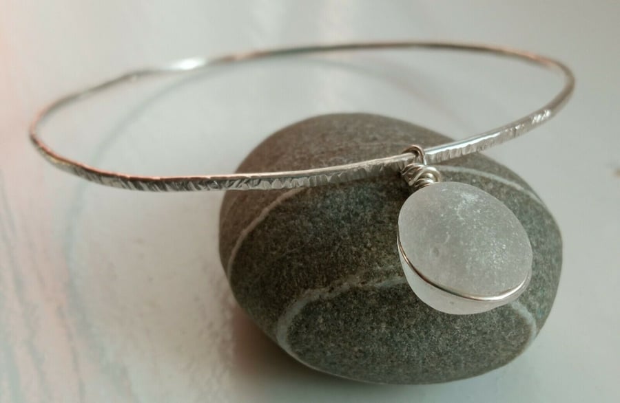Recycled Sterling Silver Hammered Bangle & White Cornish Seaglass Charm-Medium