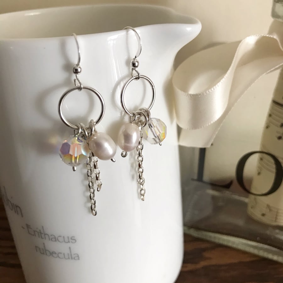 Swarovski Crystal and Fresh Water pearl Earrings, Sterling Silver earrings