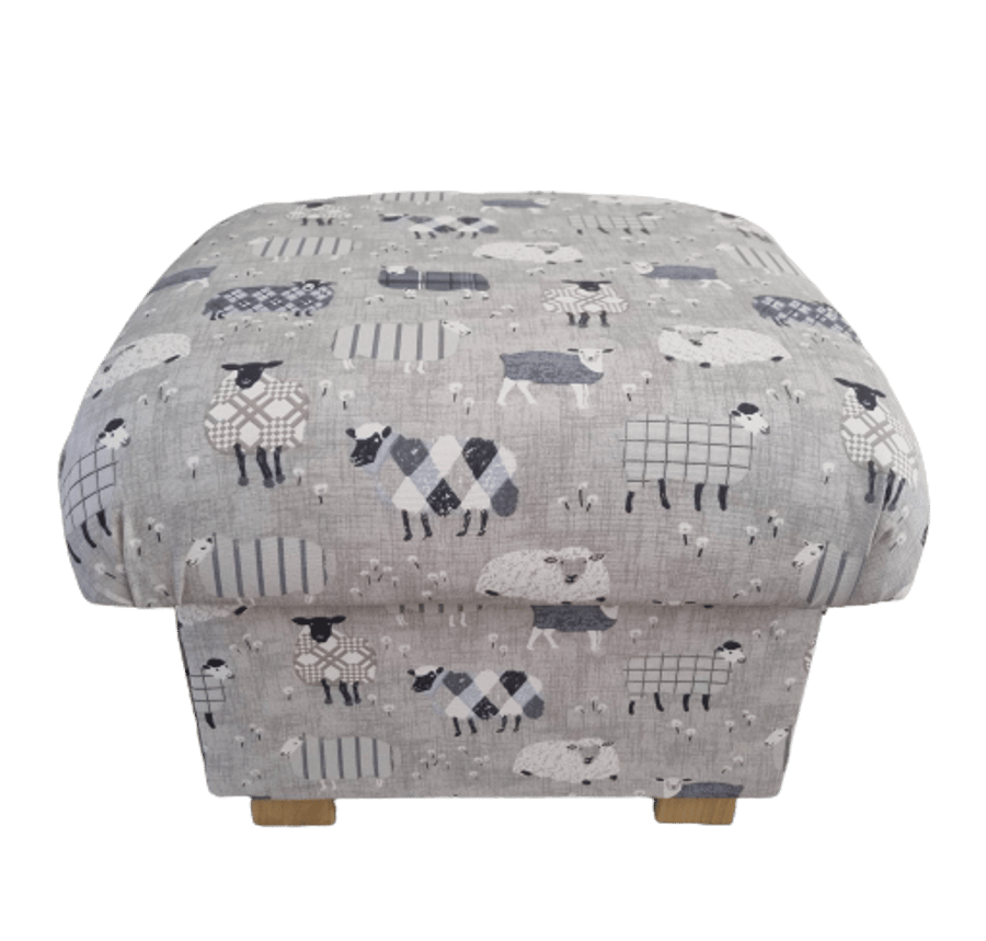 Storage Footstool Baa Sheep Patchwork Dove Grey Pouffe Animals Nursery Ottoman