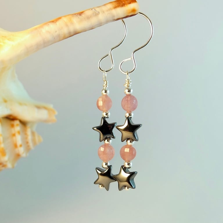 Pink Tourmaline & Hematite Star Earrings, October Birthday, Libra Jewellery Gift
