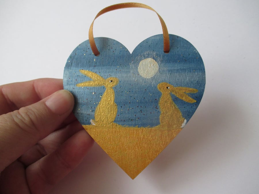 Bunny Rabbit Love Heart Moon Gazing Gold Golden Hare Hanging Decoration 009