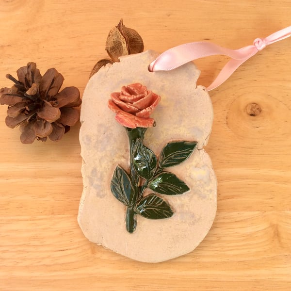 Pink rose hanging ornament, Ceramic green decoration, Home decor, 2not