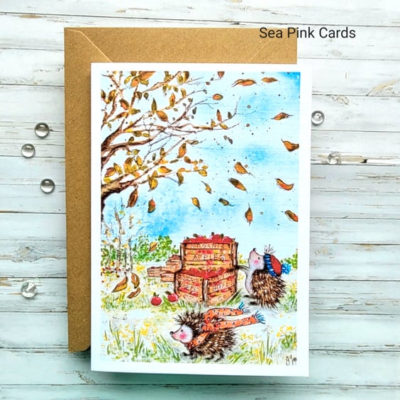 Autumn Hedgehogs Blank Card - original art, all occasions, apples, leaves