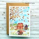 Autumn Hedgehogs Blank Card - original art, all occasions, apples, leaves