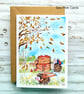 Autumn Hedgehogs Blank Card - original art, all occasions, apples, leaves