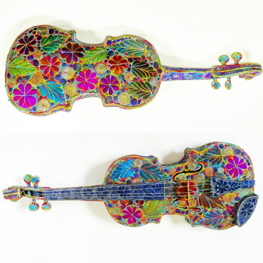 Stitched 3D Lifesize Violin Free Machine Embroidery Textile Art  