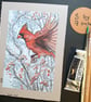 Red Cardinal in flight original drawing, winter bird artwork, small wall art - Image 6