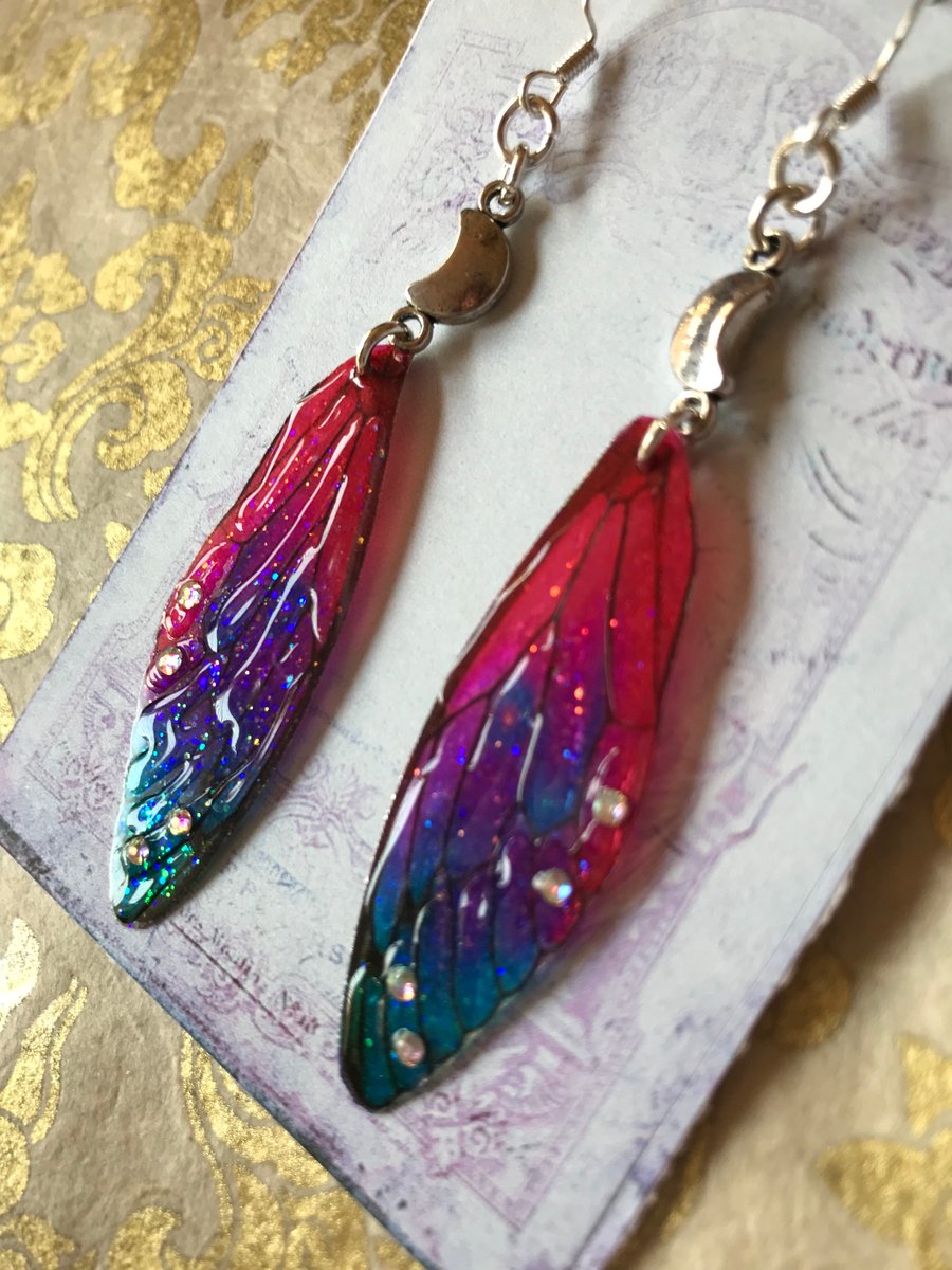 Crescent Moon Fairy Wing Earrings Sterling Silver