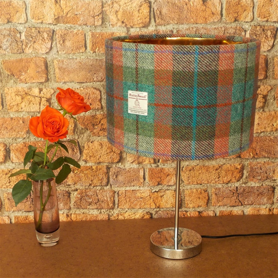 Harris Tweed large drum lampshade brick red turquoise green 30cm lamp shade