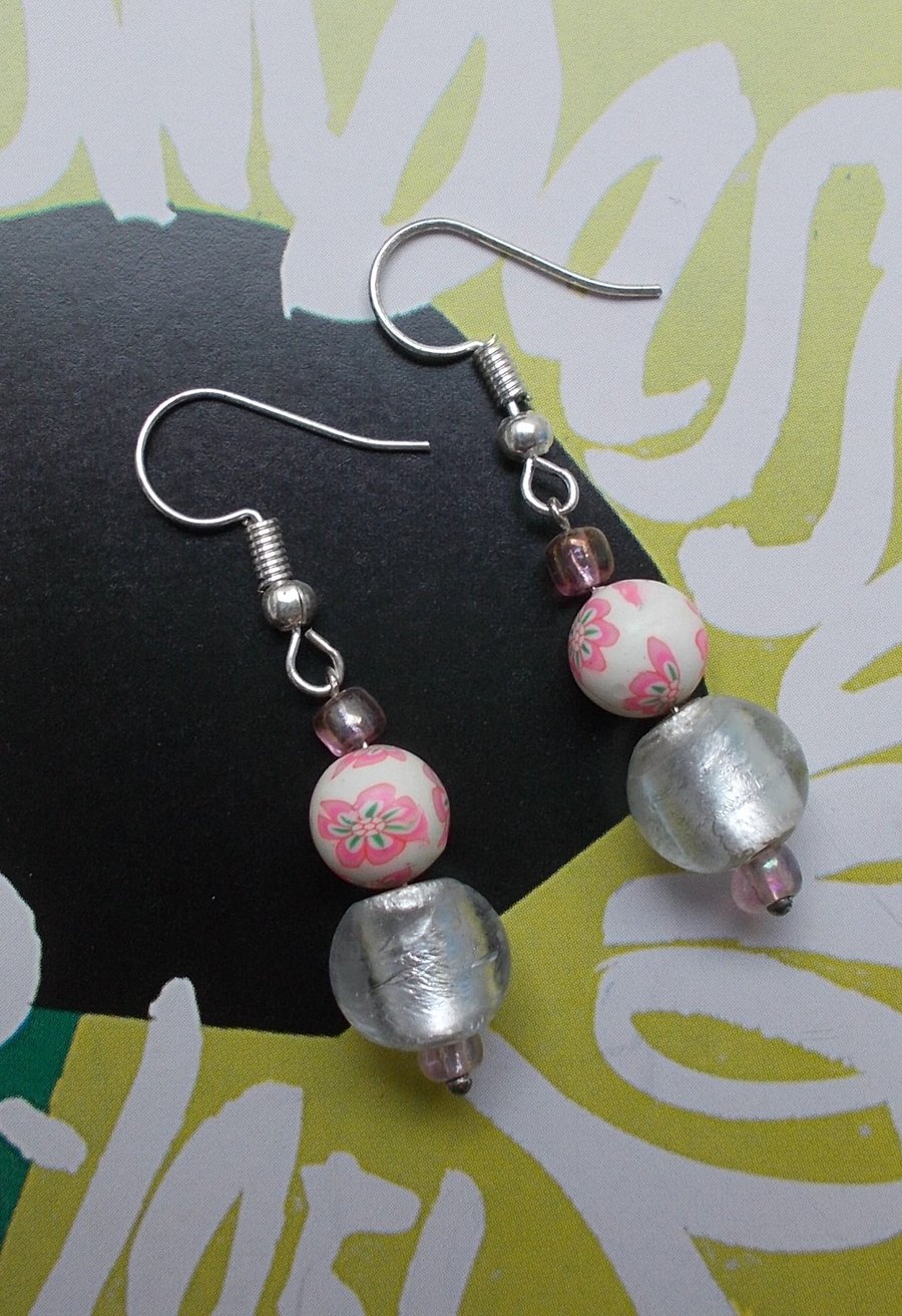 Silvery Glass and Pink Earrings