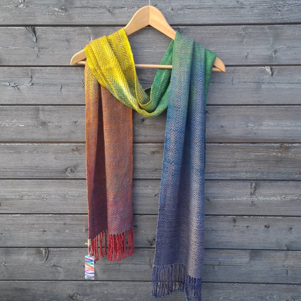 Hand Woven Rainbow Scarf in Silk and Merino Wool