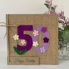 Handmade 50th Birthday Card. Keepsake Card. Textile Card.