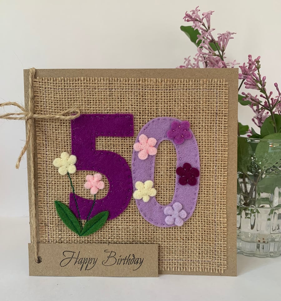 Handmade 50th Birthday Card. Keepsake Card. Textile Card.