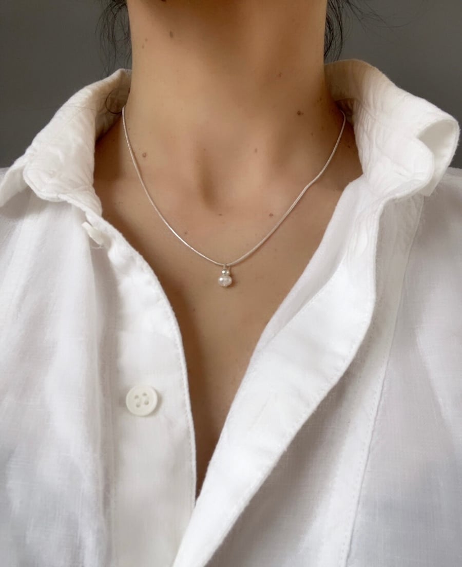 Dainty Freshwater Pearl Silver Necklace Handmade Sterling Silver Pearl Necklace